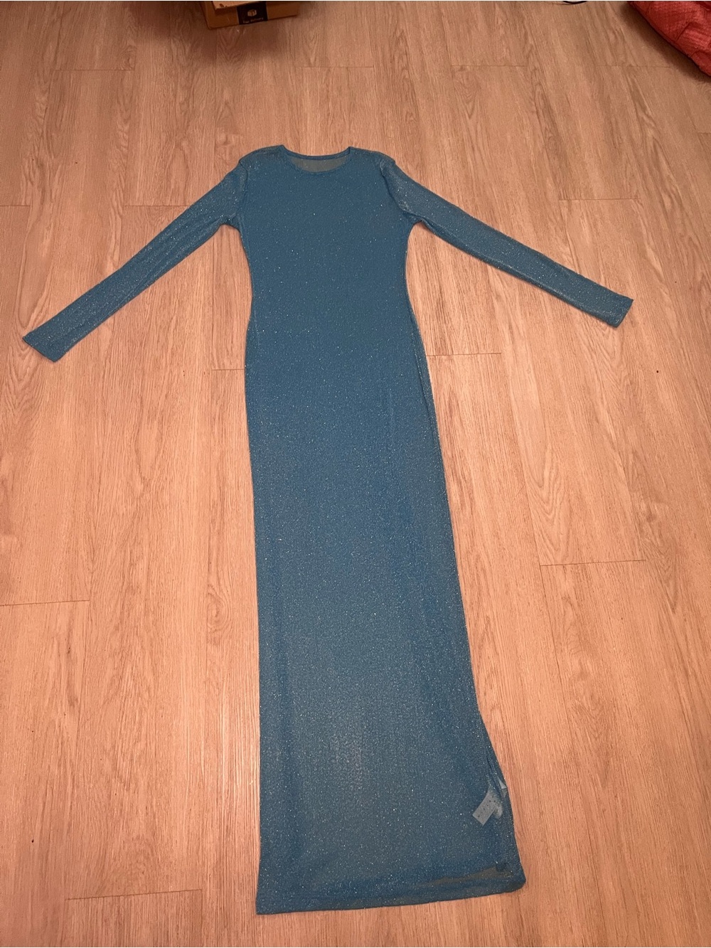 Long Sleeve Sheer Sparkle Maxi Dress in Teal Medium